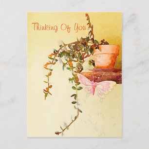 Thinking Of You Watercolor Potted Plant Butterfly Postcard