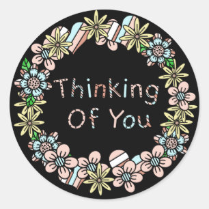 Thinking of You Whimsical Floral Black Classic Round Sticker