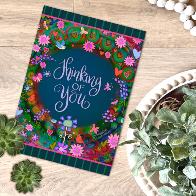 Thinking of You Whimsical Floral Heart Stripe Card | Zazzle