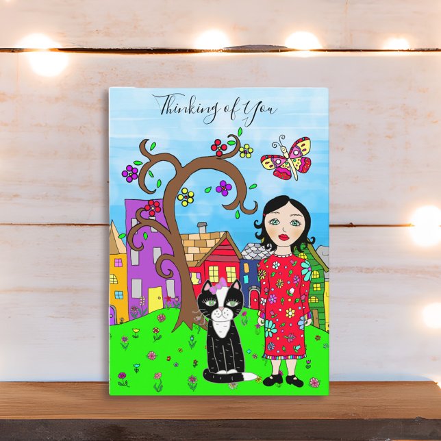 Thinking of You Whimsical Lady and Cat Friendship Card (Creator Uploaded)