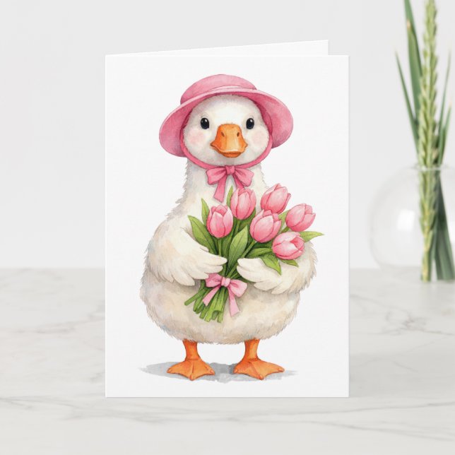 Thinking of You White Goose with Pink Tulips Card (Front)