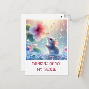 Thinking of you White Mystical Mouse Pink Hibiscus Postcard