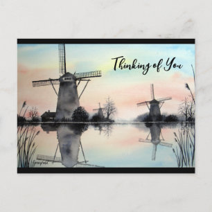 Thinking of You Windmills at Dawn Watercolor Postcard