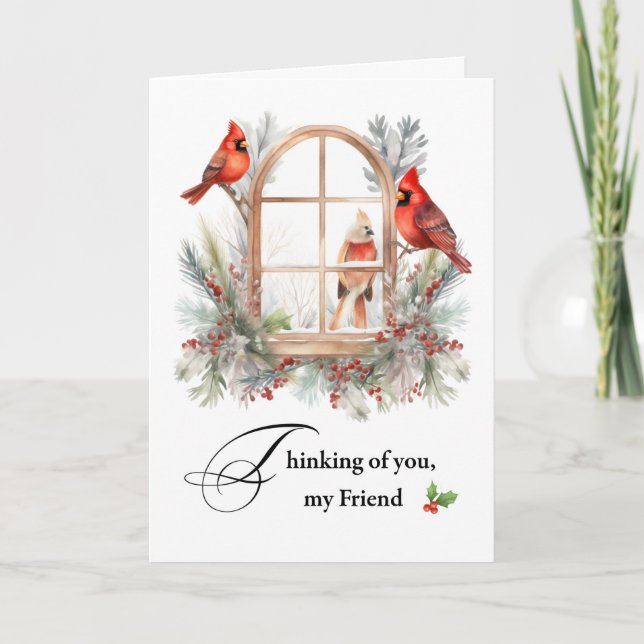 Thinking of Your Friend Winter Cardinal Birds Card (Front)