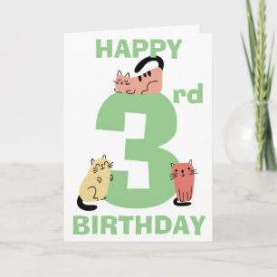 Third 3rd Birthday Doodle Cats Custom Message Card