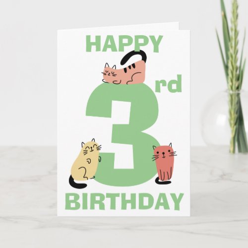 Third 3rd Birthday Doodle Cats Custom Message Card