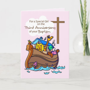 Third Anniversary of Baptism Girl Noah's Ark Card