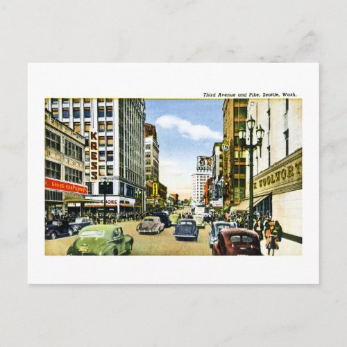 Third Avenue and Pike Seattle Washington Postcard