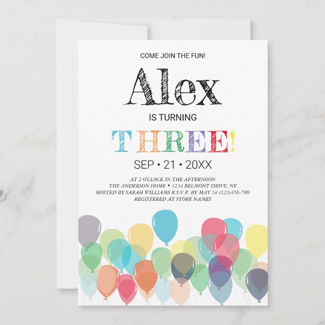 Third Birthday Balloons Party Invitation (Front)
