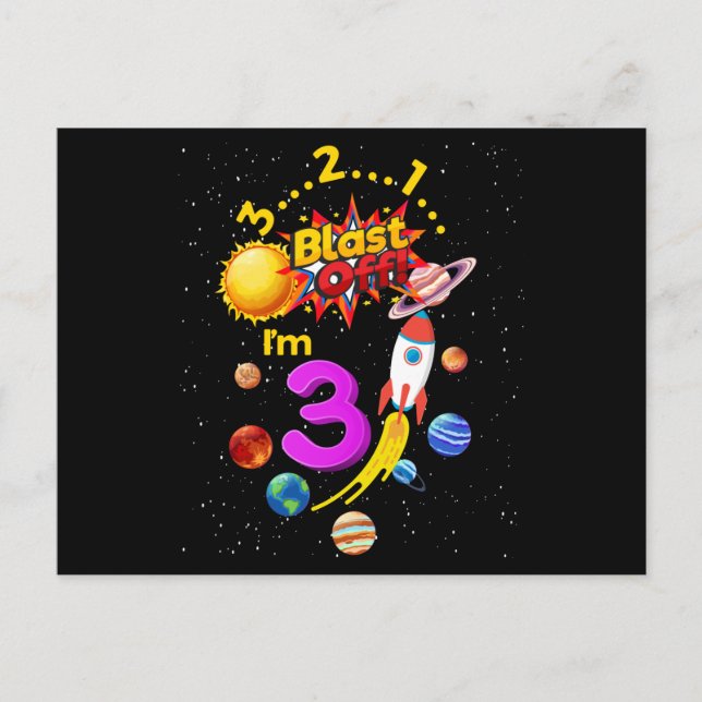 Third Birthday Blast Off 3 Astronaut Rocket Postcard (Front)