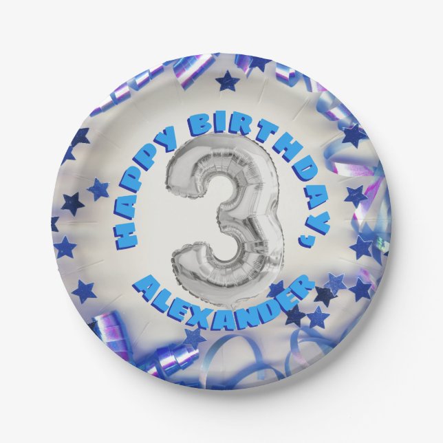 Third Birthday Boys Three Years Old Party Paper Plates (Front)