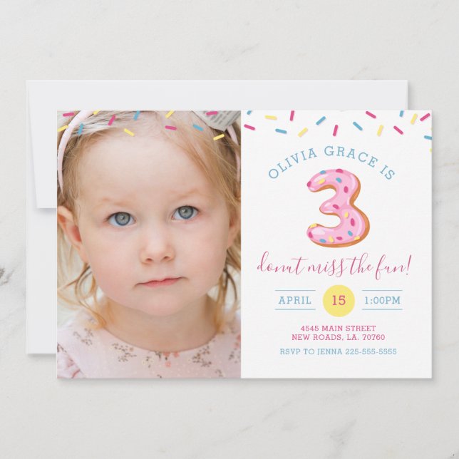 Third Birthday Donut Photo Card Invitation (Front)
