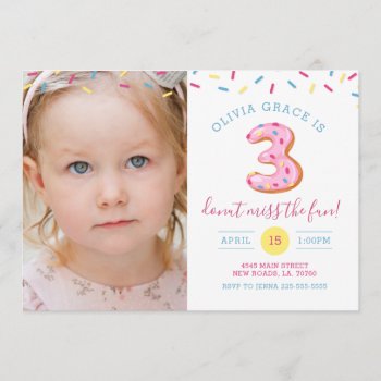 Third Birthday Donut Photo Card Invitation by fancypaperie at Zazzle