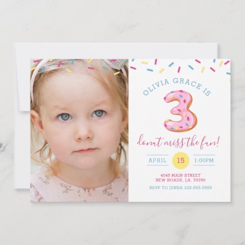 Third Birthday Donut Photo Card Invitation