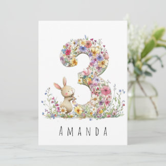 Third Birthday Floral Three & Bunny Card