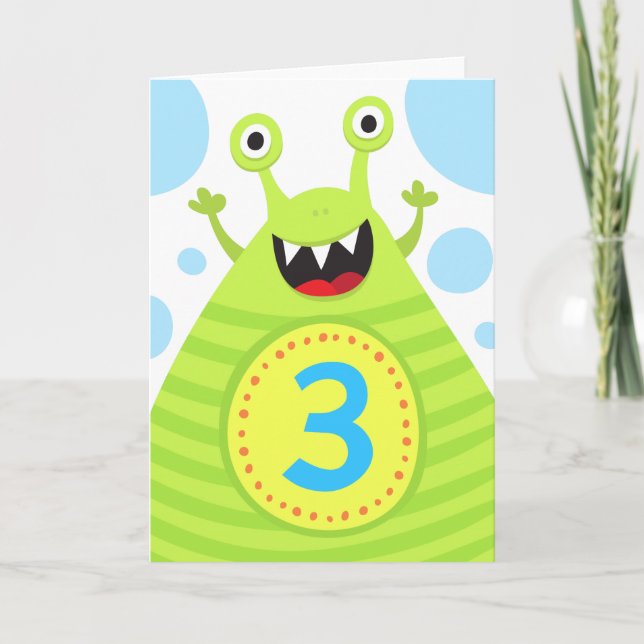 Third birthday funny green monster greeting card (Front)