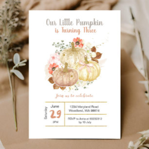 Third Birthday Gold Pumpkins Floral Invitation