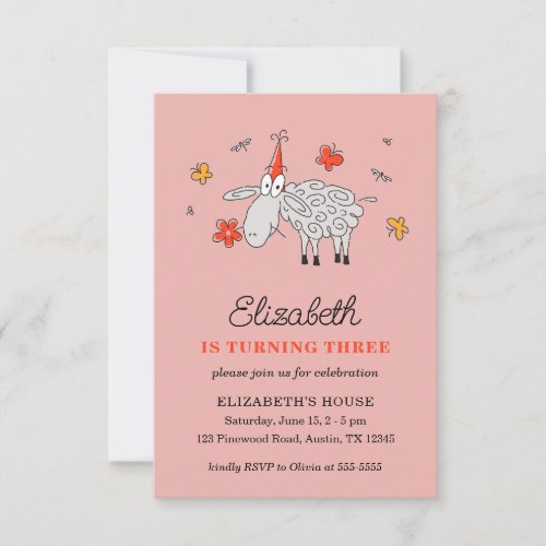 Third Birthday Hat Cartoon Cute Sheep Flower Lamb Invitation