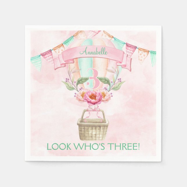  Third Birthday Hot Air Balloon Mint Pink Peach Napkins (Front)