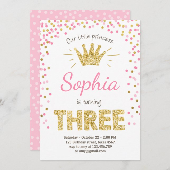 Third birthday invitation Princess Gold Pink Three (Front/Back)