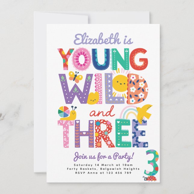 Third Birthday Invite, Rainbow, Young Wild & Three Invitation (Front)