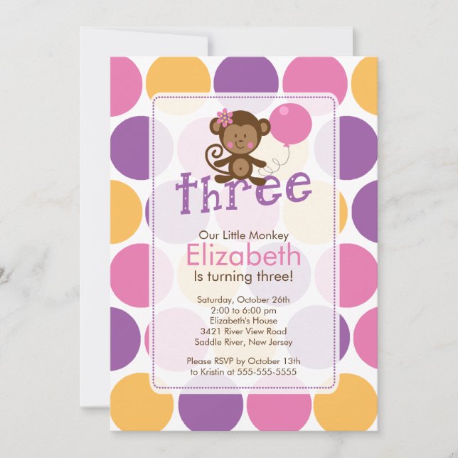 Third Birthday Little Monkey Birthday Invitation (Front)