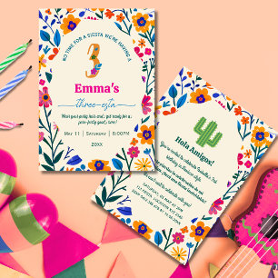 Third Birthday Mexican floral cactus - Three-esta Invitation
