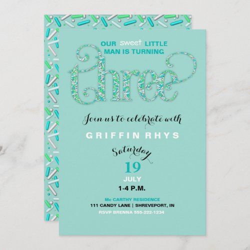 Third Birthday Mint  Aqua Sprinkles 3 Year Old Invitation