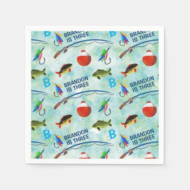 Third birthday O-fish-ally fishing themed party Napkins (Front)