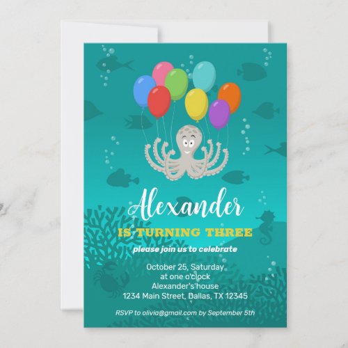 Third Birthday Party Octopus Balloons Invitation