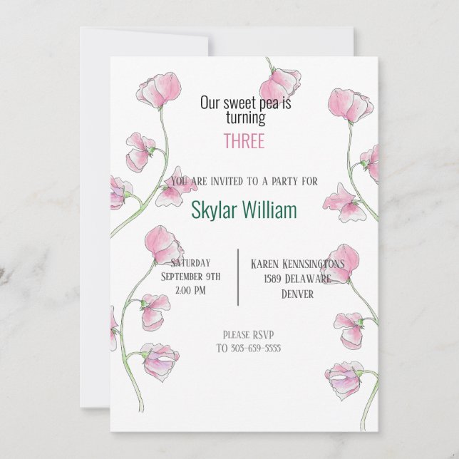 Third Birthday Party Pink Sweet Pea Invitation (Front)