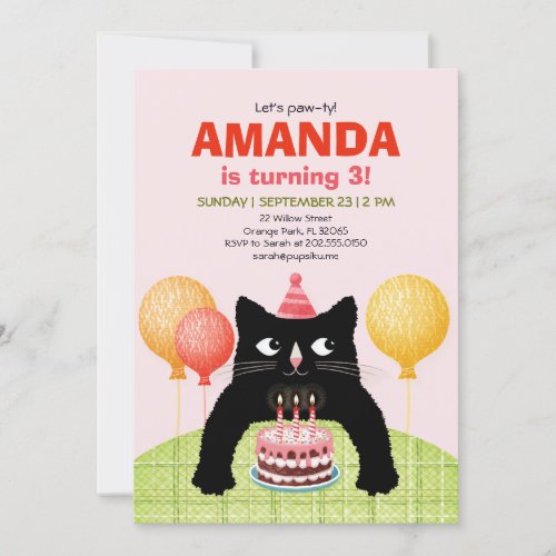 Third birthday party with cat cake and candles in invitation