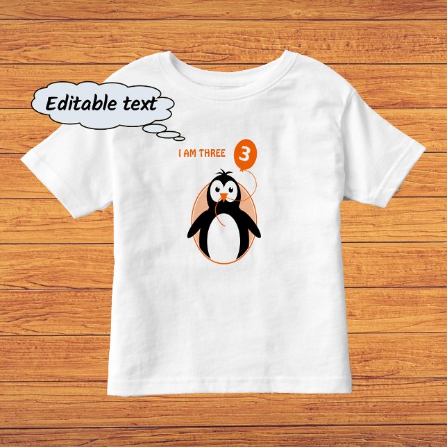 Third birthday penguin orange balloon toddler t-shirt (This t-shirt is the white color option with 'classic printing')