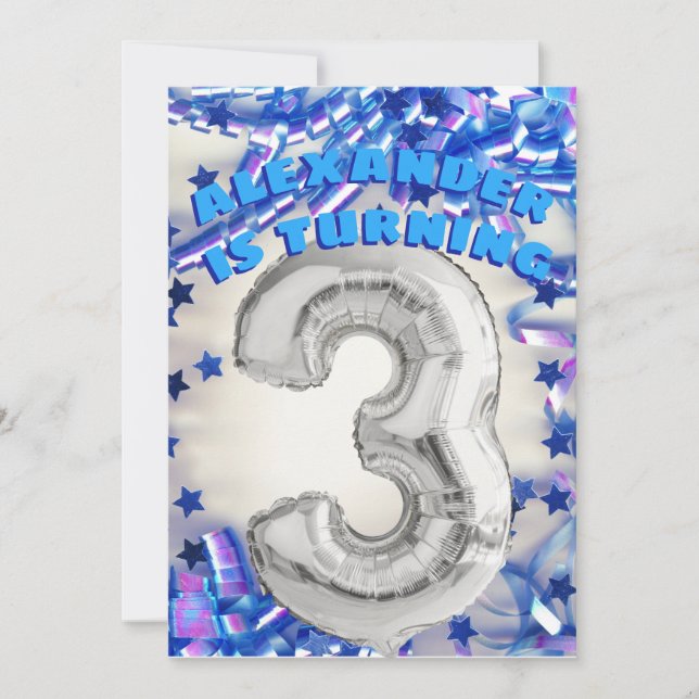 Third Birthday Silver and Blue Age 3 Boys Party Invitation (Front)