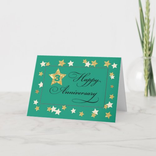 Third Employee Anniversary Green Gold Effect Stars Card