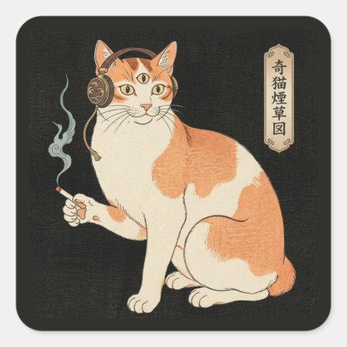 Third Eye Cat with Headphones & Cigarette - Japane Square Sticker