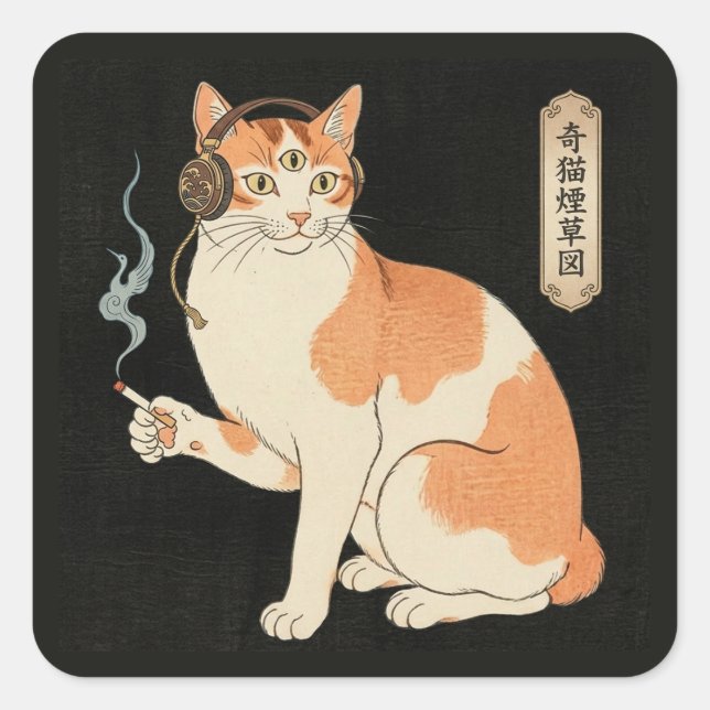 Third Eye Cat with Headphones & Cigarette - Japane Square Sticker (Front)