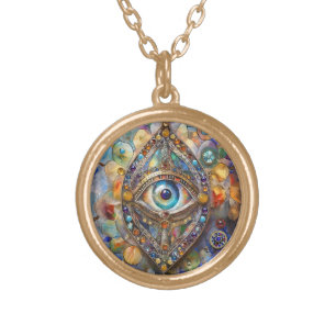 Third Eye on Stained Glass and Bronze Gold Plated Necklace