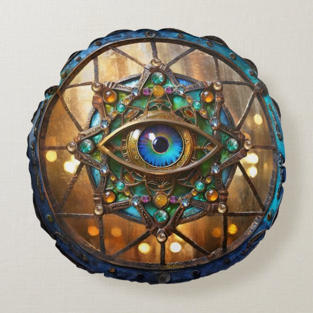 Third Eye Rustic Porthole Window Round Pillow (Front)