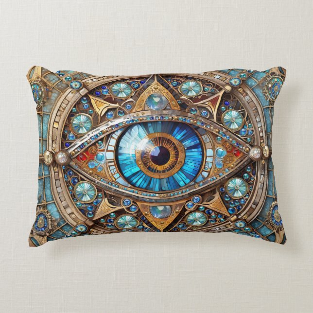 Third Eye - Turquoise Blue Gold Mandala Accent Pillow (Front)