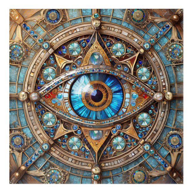 Third Eye - Turquoise Blue Gold Mandala Acrylic Print (Front)