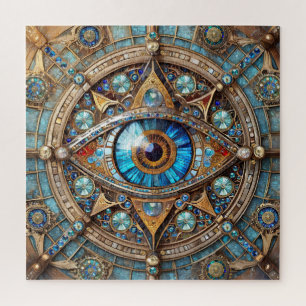 Third Eye - Turquoise Blue Gold Mandala Jigsaw Puzzle