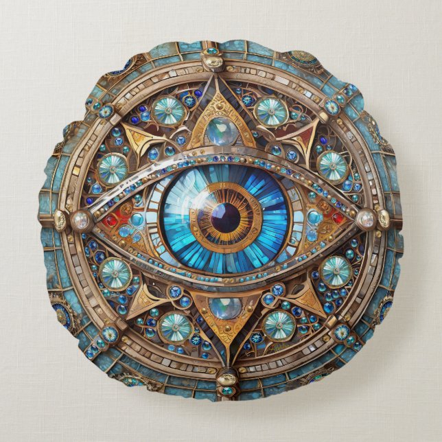 Third Eye - Turquoise Blue Gold Mandala Round Pillow (Front)