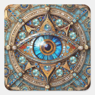Third Eye - Turquoise Blue Gold Mandala Square Sticker