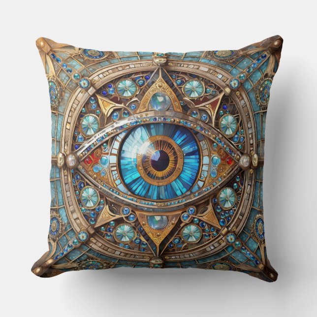 Third Eye - Turquoise Blue Gold Mandala Throw Pillow (Front)