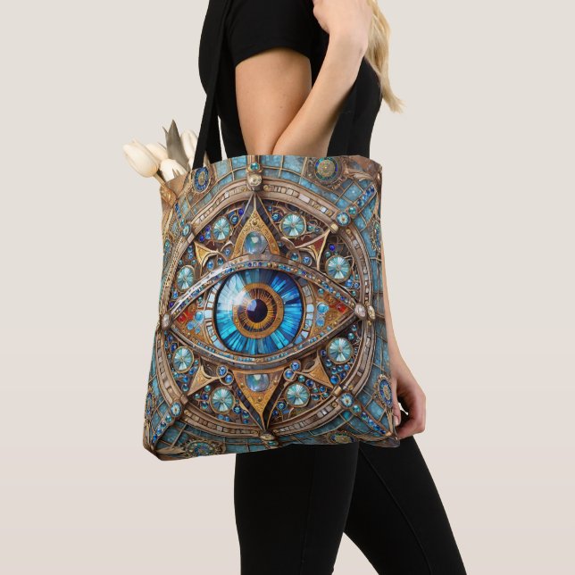 Third Eye - Turquoise Blue Gold Mandala Tote Bag (Close Up)