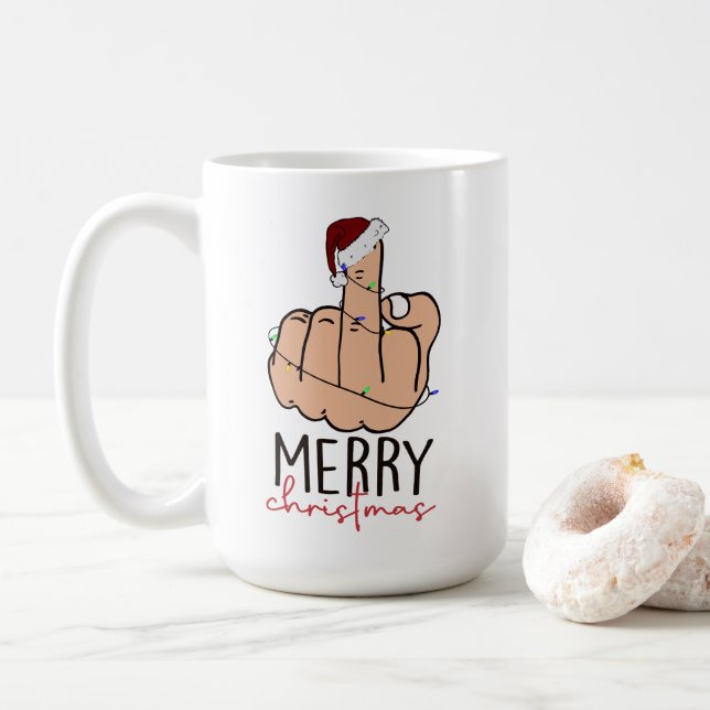 Third Finger Up Santa Hat Christmas Coffee Mug (With Donut)