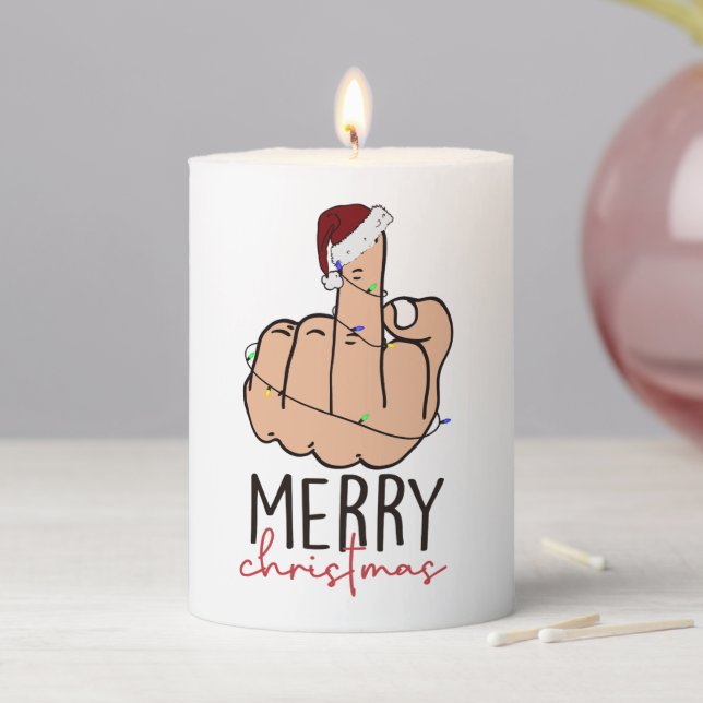 Third Finger Up Santa Hat Christmas Pillar Candle (In Situ)