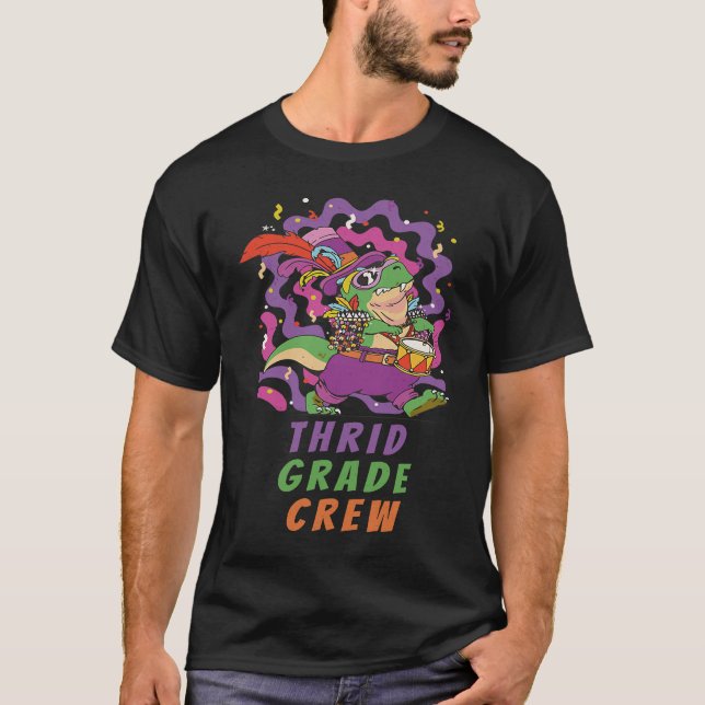 Third Grade Crew School Kid & Teacher Mardi Gras D T-Shirt (Front)
