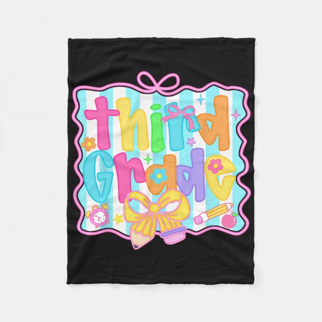 Third Grade Girls Back To School Bow Cute Coquette Fleece Blanket (Front)